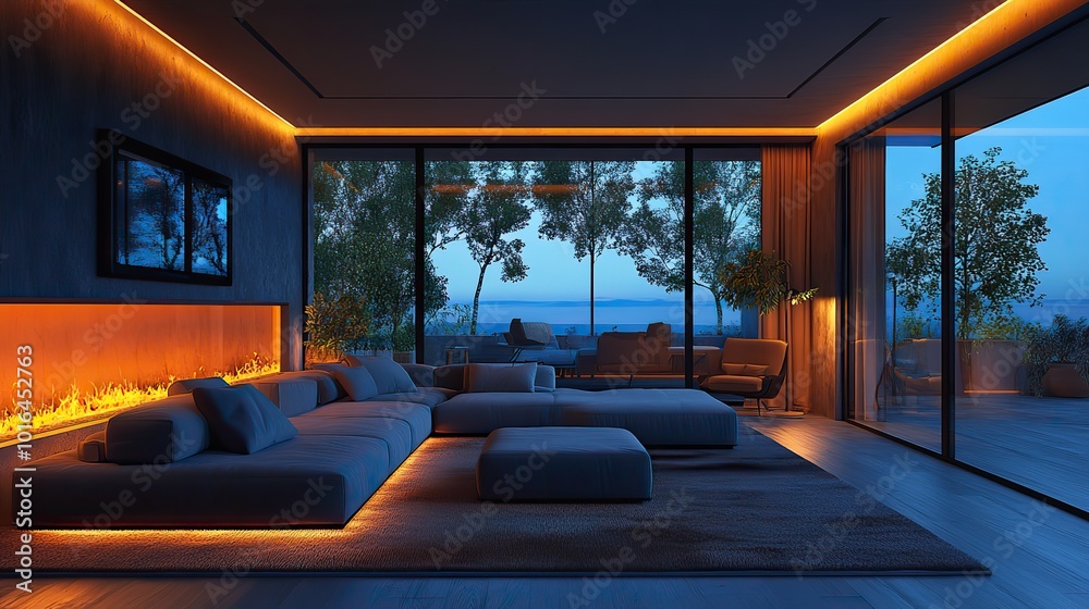 a futuristic ai smart home interior featuring augmented reality interfaces,iot devices seamlessly integrated for automated control and connectivity.create by F.a a futuristic ai smart home interior featuring augmented reality interfaces,iot devices seamlessly integrated for automated control and connectivity.create by F.a
