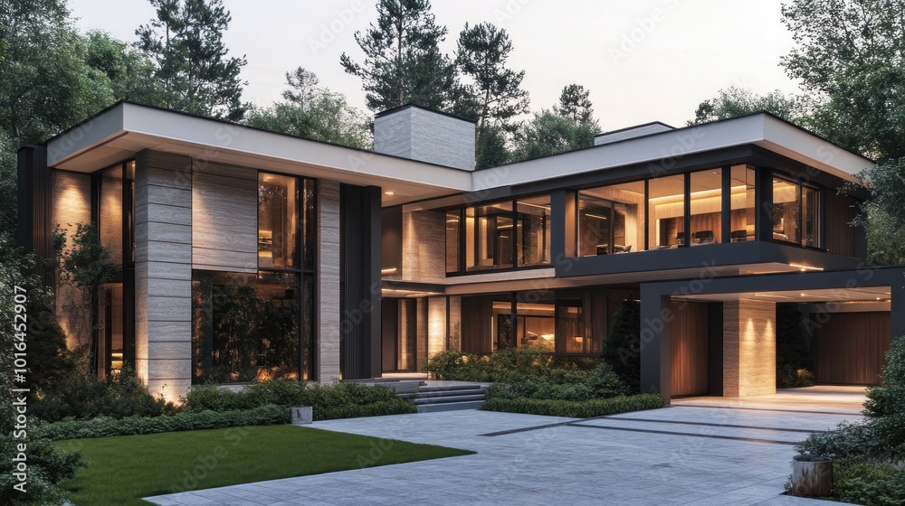 Modern townhouse with a simple design. Characterized by a flat roof Large floor-to-ceiling windows and neutral color tones Modern architecture emphasizes the use of every space in a cost-effective and Modern townhouse with a simple design. Characterized by a flat roof Large floor-to-ceiling windows and neutral color tones Modern architecture emphasizes the use of every space in a cost-effective and