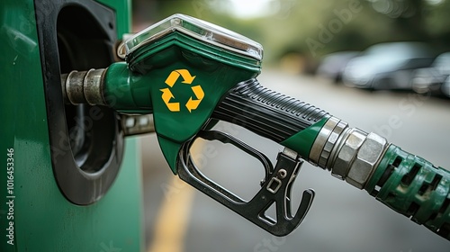a green biofuel pump nozzle,a prominent recycle symbol representing eco friendly and sustainable alternative energy sources derived from organic and waste materials.stock image