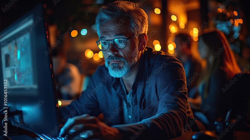 a group of business people in an office at night using computer.illustration a group of business people in an office at night using computer.illustration