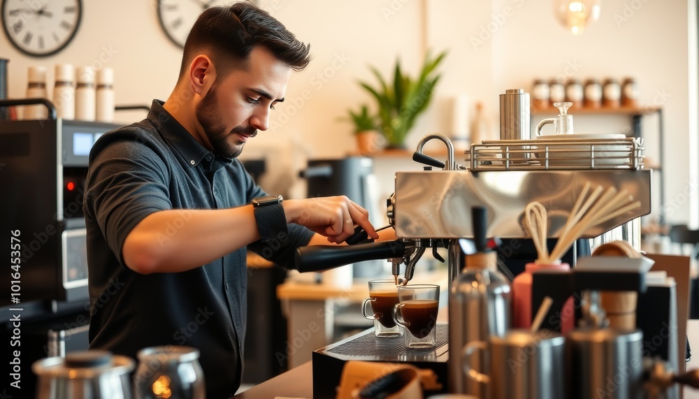 Barista Making Coffee in a Modern Café Barista Making Coffee in a Modern Café