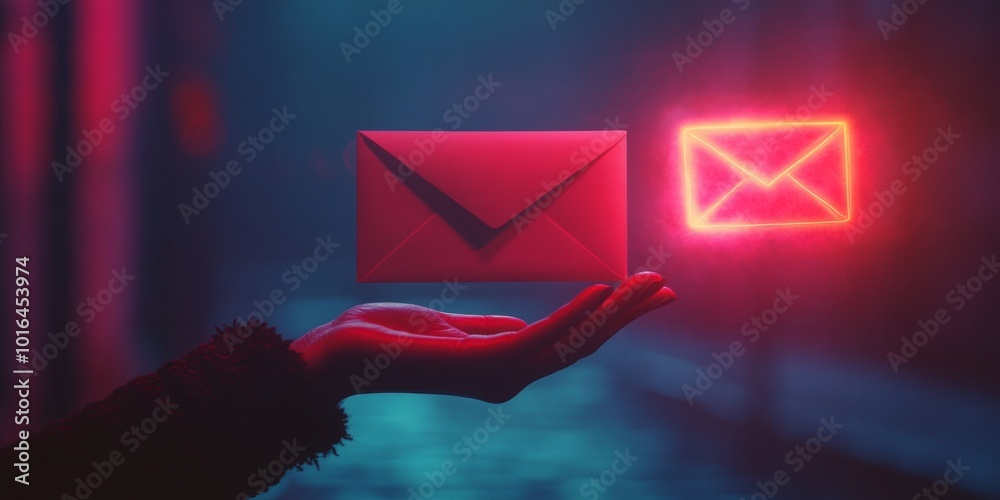 Hand gripping a letter, email symbol overlay, subtle color gradient ...