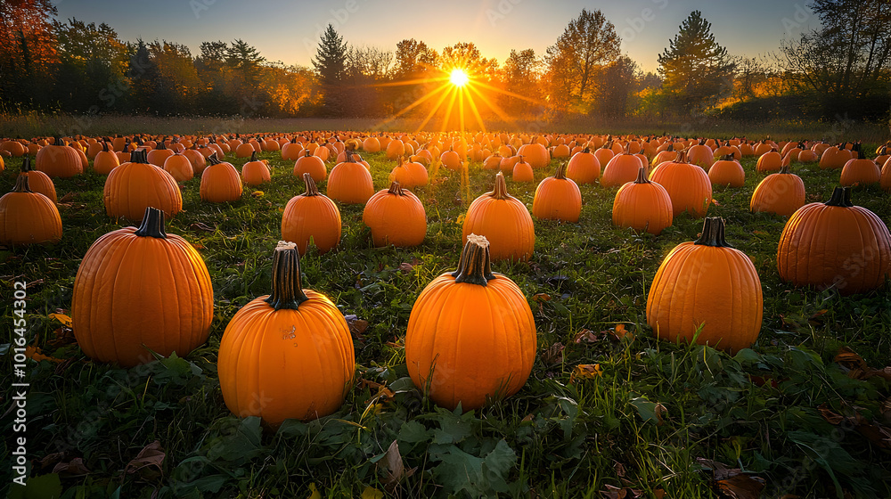 A field of ripe orange pumpkins basking in the golden light of the setting sun. A field of ripe orange pumpkins basking in the golden light of the setting sun.