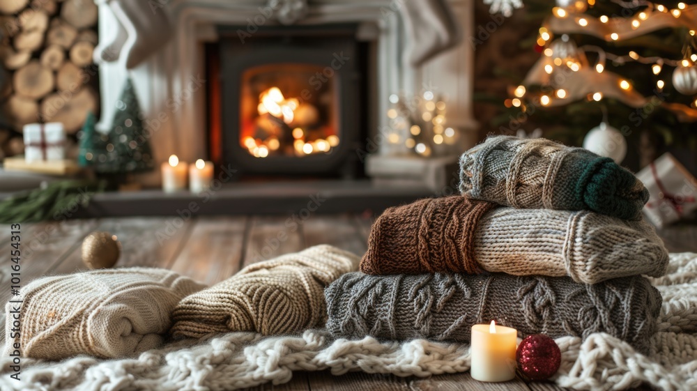 Cozy knitted Christmas gifts with festive background and candlelight.