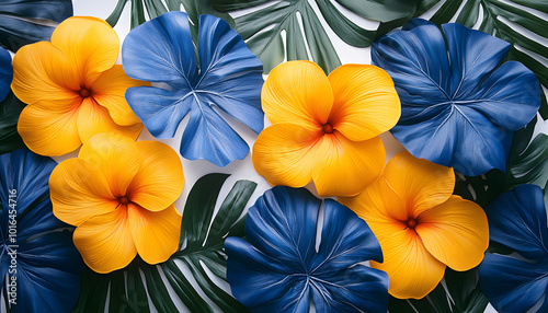 Blue and yellow tropical floral pattern with large leaves and vibrant flowers, creating a lively and exotic atmosphere suitable for textiles, wallpapers, or home decor. 