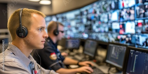 Professional team in call center control room Wear a headset and work on the computer. while a large screen shows city roads and traffic lights. environment with technology