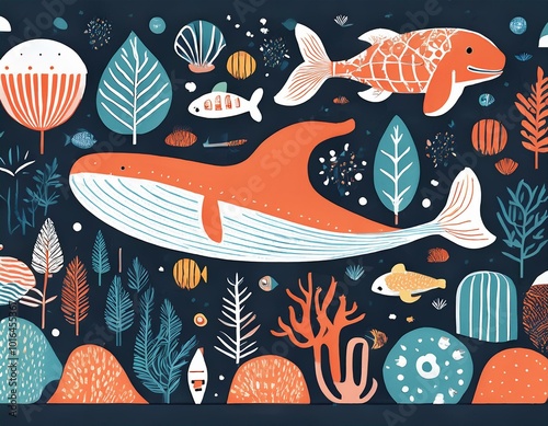 A Scandinavian inspired print featuring animals in bold, geometric shapes and rich colors. Elements of nature boat, whale, clownfish, octopus, jellyfish, turtles, coral photo