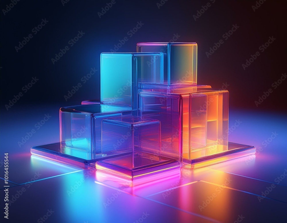 Abstract 3d background wallpaper with glass squares with colorful light emitter iridescent neon holographic gradient. Design visual element for banner header poster or cover. Abstract 3d background wallpaper with glass squares with colorful light emitter iridescent neon holographic gradient. Design visual element for banner header poster or cover.