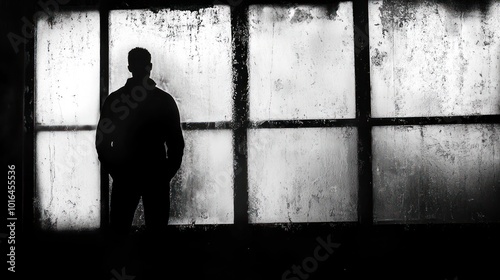 A silhouette of a man standing in front of a large window. The window is dirty and covered in grime, suggesting a sense of isolation or abandonment.