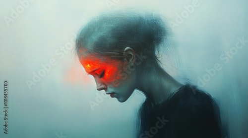 Vivid representation of a head with a bright red pain indicator, softly blurred background enhancing emotional impact and focus on discomfort