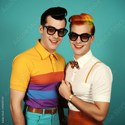 Colorful LGBTQ Pride Couple | Retro Vintage Fashion | Rainbow Flag Background | Artistic LGBTQ Portrait | 50s Style