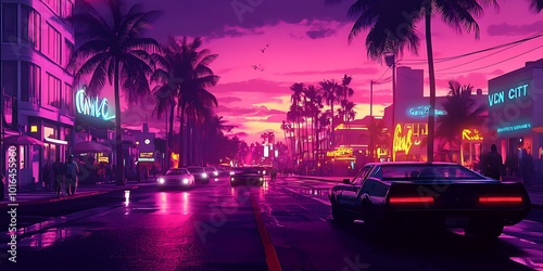 Miami streets, neons, thugs, cars, Vice City wallpaper