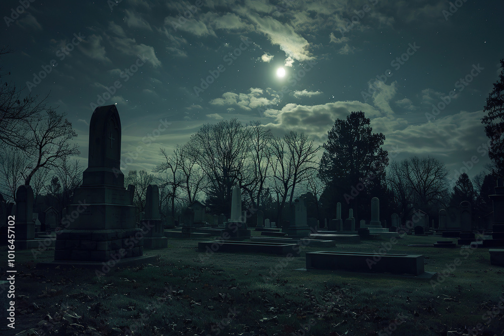 Fantastically mysterious cemetery with tombstones and scary atmosphere Fantastically mysterious cemetery with tombstones and scary atmosphere