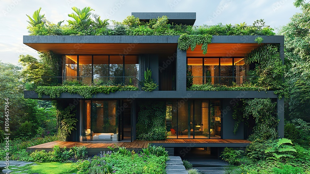 a modern building surrounded by lush greenery illustrating sustainable design and eco friendly architecture.illustration a modern building surrounded by lush greenery illustrating sustainable design and eco friendly architecture.illustration