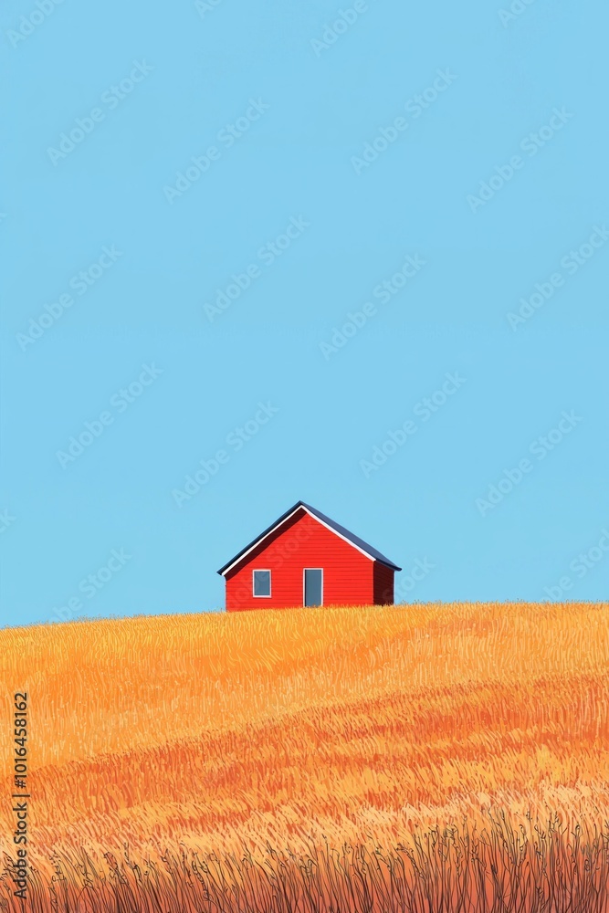 Minimalist style, a red house in the middle, an orange wheat field, and a clear blue sky.