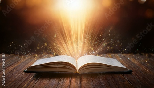 Book Magic of Fairy Tales and Mystic Stories. With Glowing Light Rays and Flying Dust Particles. Flashing optical flare intro