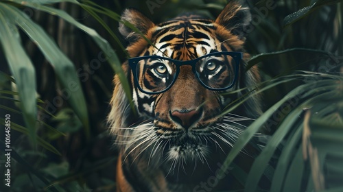 Fierce Tiger Prowling Through Jungle Wearing Bold Geometric Glasses