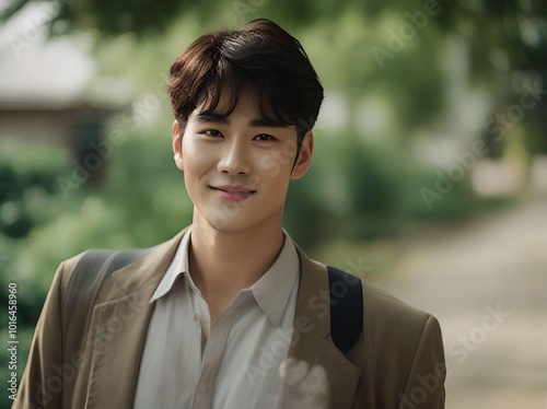 Cute Asian Man in Formal Wear Smiling and Looking at the Camera with a Black Sling Bag, Posed Against a Bokeh Road Background