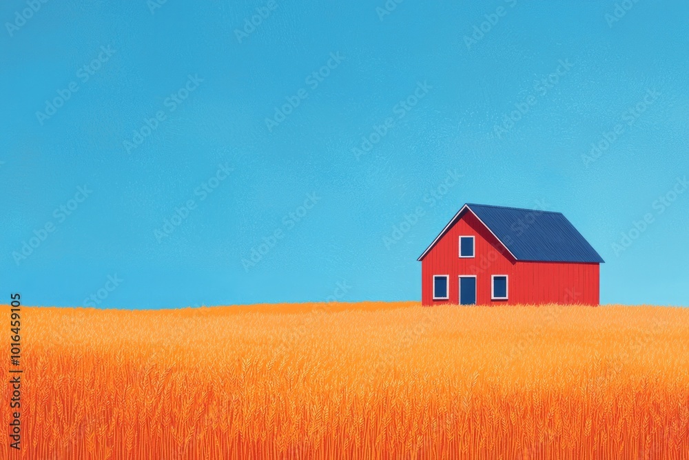 Minimalist style, a red house in the middle, an orange wheat field, and a clear blue sky. Minimalist style, a red house in the middle, an orange wheat field, and a clear blue sky.