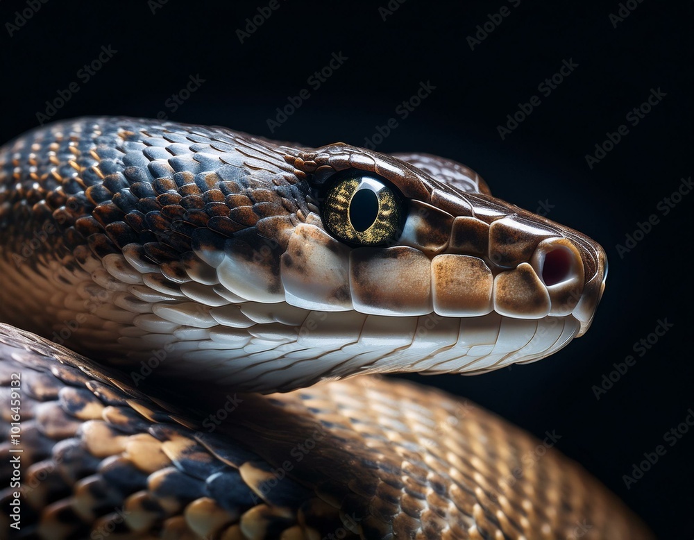 Close-up of calm snake face isolated on dark background Close-up of calm snake face isolated on dark background