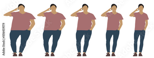 Conceptual fat overweight obese man vs slim fit healthy body after weight loss or diet, white background banner. A  fitness, nutrition or obesity, health care shape illustration vector as silhouettes
