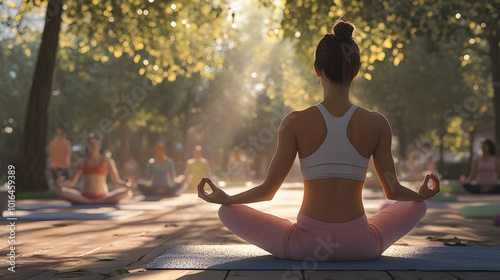 Yoga instructor leading a serene class in a sunlit park promoting well-being