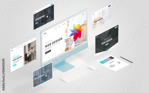 Display featuring a conceptual web design page with similar pages floating around, showcasing the power of a web design studio. Presented in an isometric view for dynamic visual appeal photo