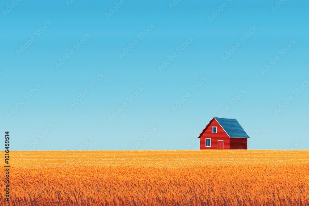 Minimalist style, a red house in the middle, an orange wheat field, and a clear blue sky. Minimalist style, a red house in the middle, an orange wheat field, and a clear blue sky.