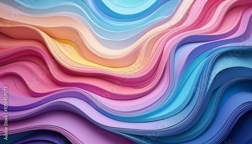 Colorful abstract gradient background wavy pastel rainbow colors, blue, pink, purple, multi color layered paper wave texture