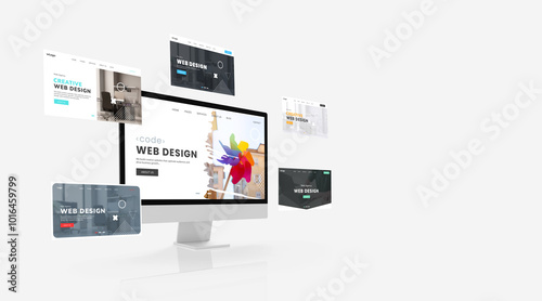 Display featuring web design studio sample pages circling around, showcasing the studio's creative concepts. Includes empty space beside for advertising text to enhance promotional opportunities