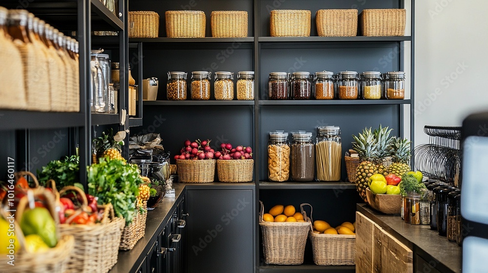 Spacious home pantry, open shelving, neatly arranged jars and containers, baskets of fruits and vegetables, built-in storage for dry goods, sleek modern design