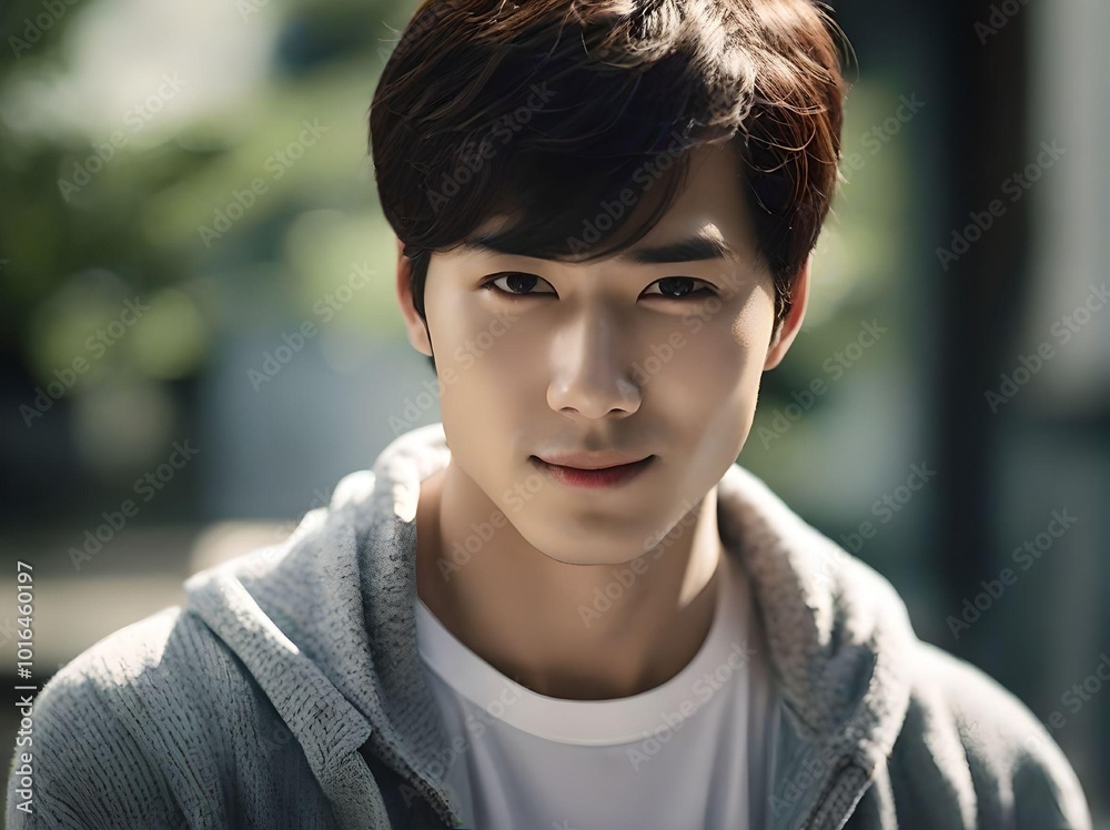 Handsome Korean Man Smirking and Looking at the Camera with a Trendy Hairstyle and Simple Outfit, Isolated Against a Bokeh Neighborhood Background Handsome Korean Man Smirking and Looking at the Camera with a Trendy Hairstyle and Simple Outfit, Isolated Against a Bokeh Neighborhood Background