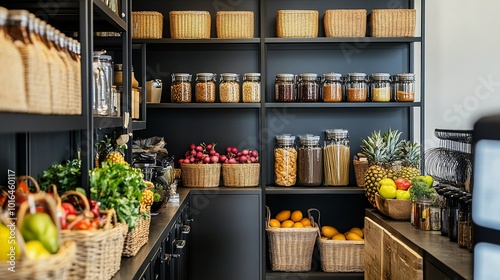 Obraz na płótnie Spacious home pantry, open shelving, neatly arranged jars and containers, baskets of fruits and vegetables, built-in storage for dry goods, sleek modern design w salonie