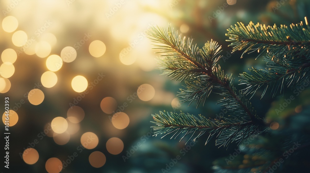 Close-up of Christmas tree branch with festive lights, warm holiday bokeh background Close-up of Christmas tree branch with festive lights, warm holiday bokeh background