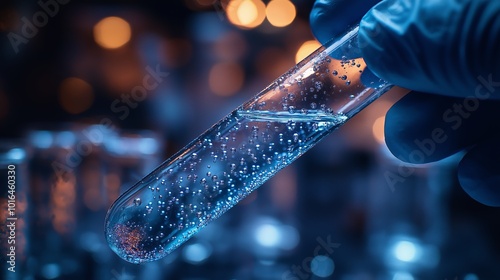 Scientist holding a test tube with bubbles in laboratory, biotechnology research concept photo