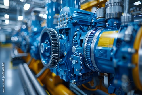 Close up of a blue industrial engine with belts focus on diesel engine repair and sales