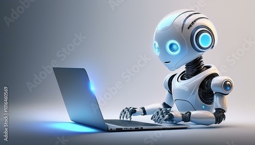 Cute friendly artificial intelligence robot using laptop computer with white neon glow light, light grey background, chatbot and AI assistant concept futuristic technology 3d illustration, banner