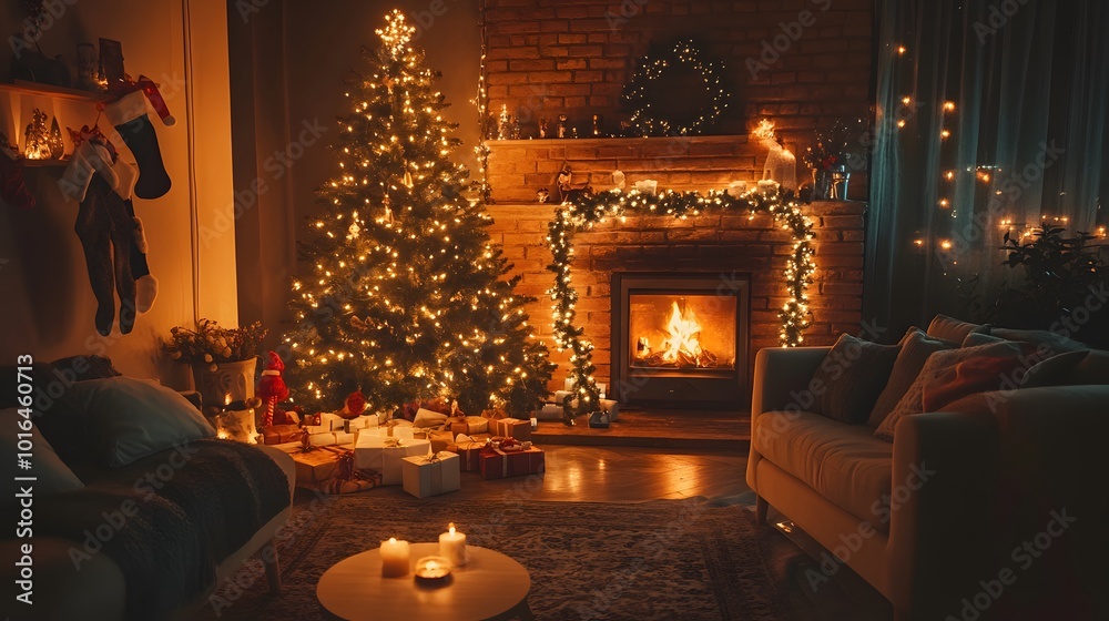 Cozy Christmas Living Room with Fireplace, Decorated Tree, and Gifts Cozy Christmas Living Room with Fireplace, Decorated Tree, and Gifts