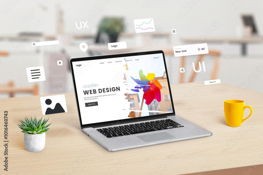 Laptop on a workspace displaying a web design studio webpage, with graphic web modules and elements floating around, illustrating the concept of dynamic website creation and design integration