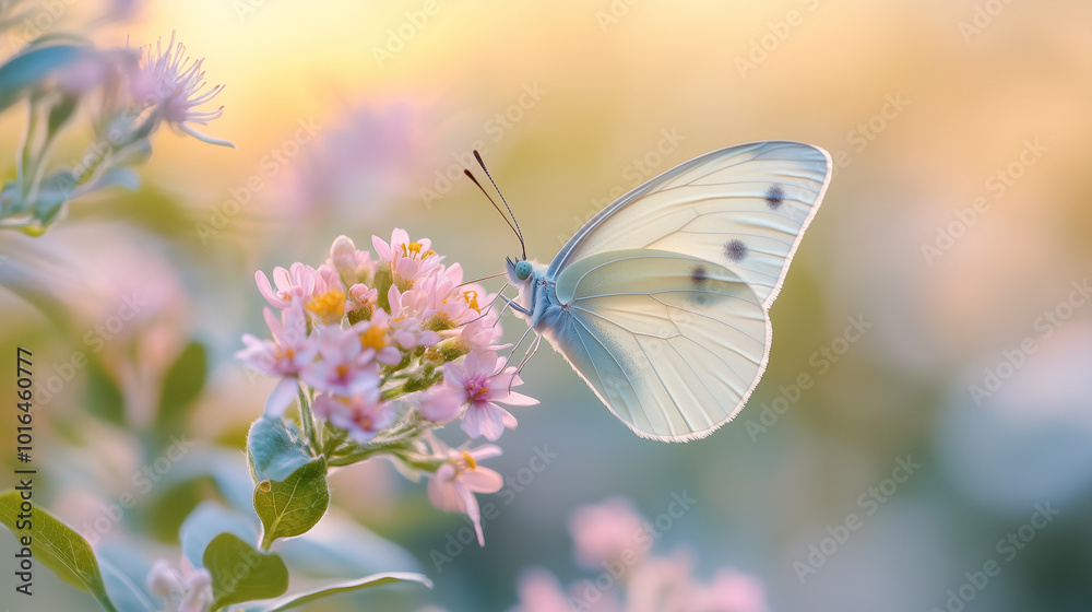 Soft Light Butterfly On Pink Flowers In A Sunlit Garden With Bokeh Soft Light Butterfly On Pink Flowers In A Sunlit Garden With Bokeh