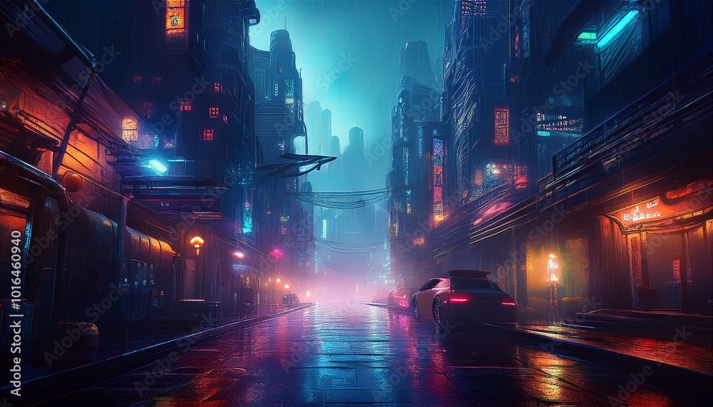 Cyberpunk streets illustration, futuristic city, dystoptic artwork at night, 4k wallpaper. Rain foggy, moody empty future Cyberpunk streets illustration, futuristic city, dystoptic artwork at night, 4k wallpaper. Rain foggy, moody empty future