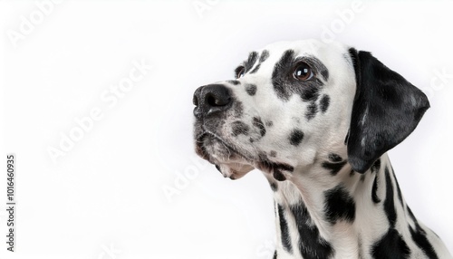 dalmatian dog portrait looking up and to the right on a white background