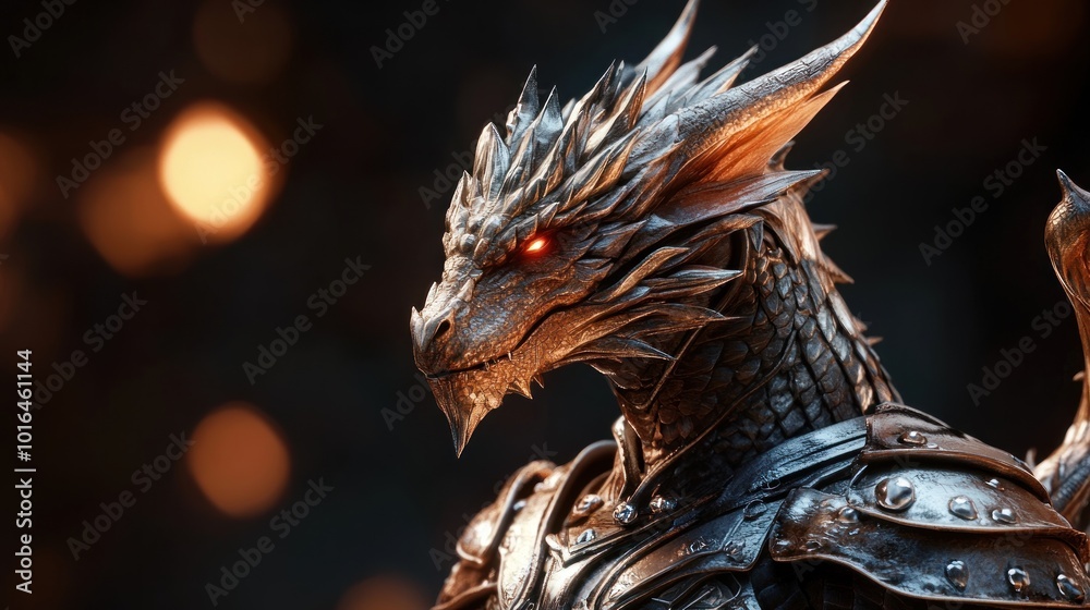 Closeup portrait of a silver dragon with red eyes, scales, and armor, against a dark background with bokeh lights. Closeup portrait of a silver dragon with red eyes, scales, and armor, against a dark background with bokeh lights.