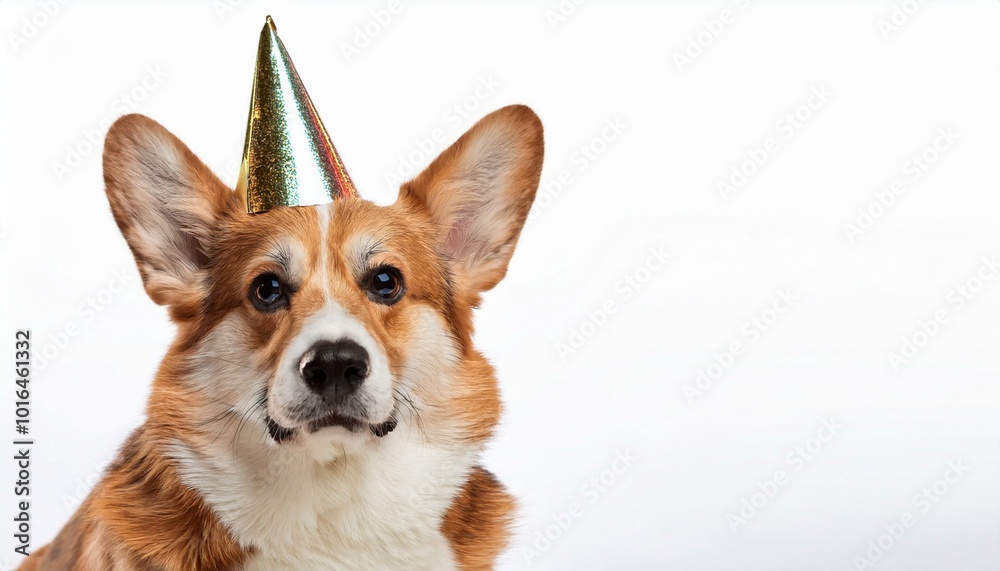 Dog Corgi with birthday party hat on isolated white background Dog Corgi with birthday party hat on isolated white background