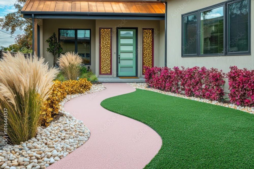 A sleek yard with blush pink synthetic grass, a walkway of ivory pebbles to a forest green door, complemented by gold shrubs and ruby flowers The home has beryl windows and a copper roof A sleek yard with blush pink synthetic grass, a walkway of ivory pebbles to a forest green door, complemented by gold shrubs and ruby flowers The home has beryl windows and a copper roof