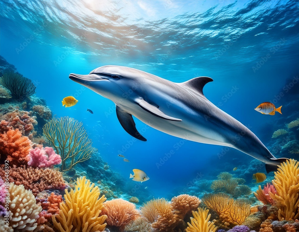 Dolphin swims in an underwater ocean corals and fishes. Dolphin swims in an underwater ocean corals and fishes.