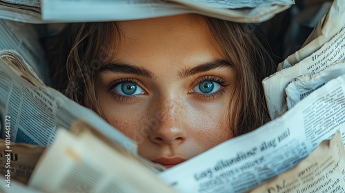 a person overwhelmed by newspapers symbolizing information overload too much information main objects newspapers eyes.illustration