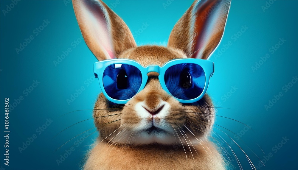 Fototapeta premium Easter rabbit bunny with blue sunglasses, studio lighting, blue background