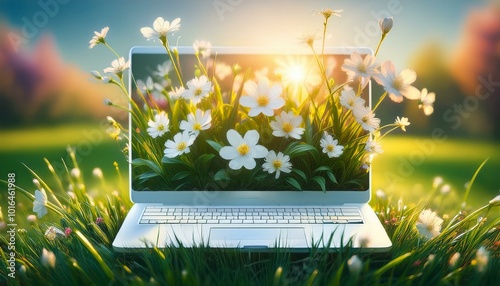 Flowers grew out of a white computer, surrounded by flowers and grass, spring garden, bright colors, with a dreamy atmosphere, blooming colors in bright daylight