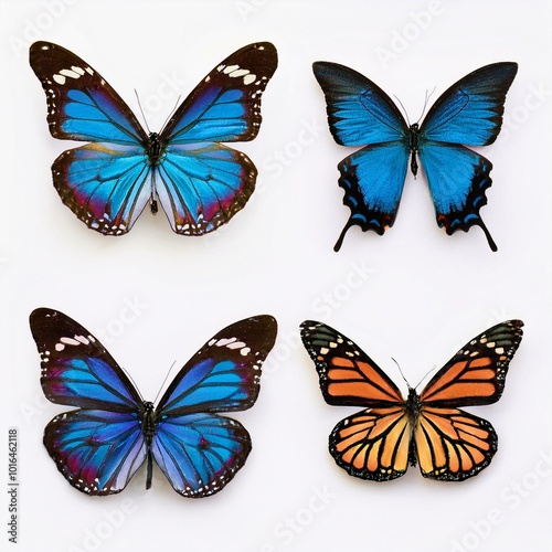 four colourful butterflies with spread wings incuding the blue morhpo and the monarch butterfly photo